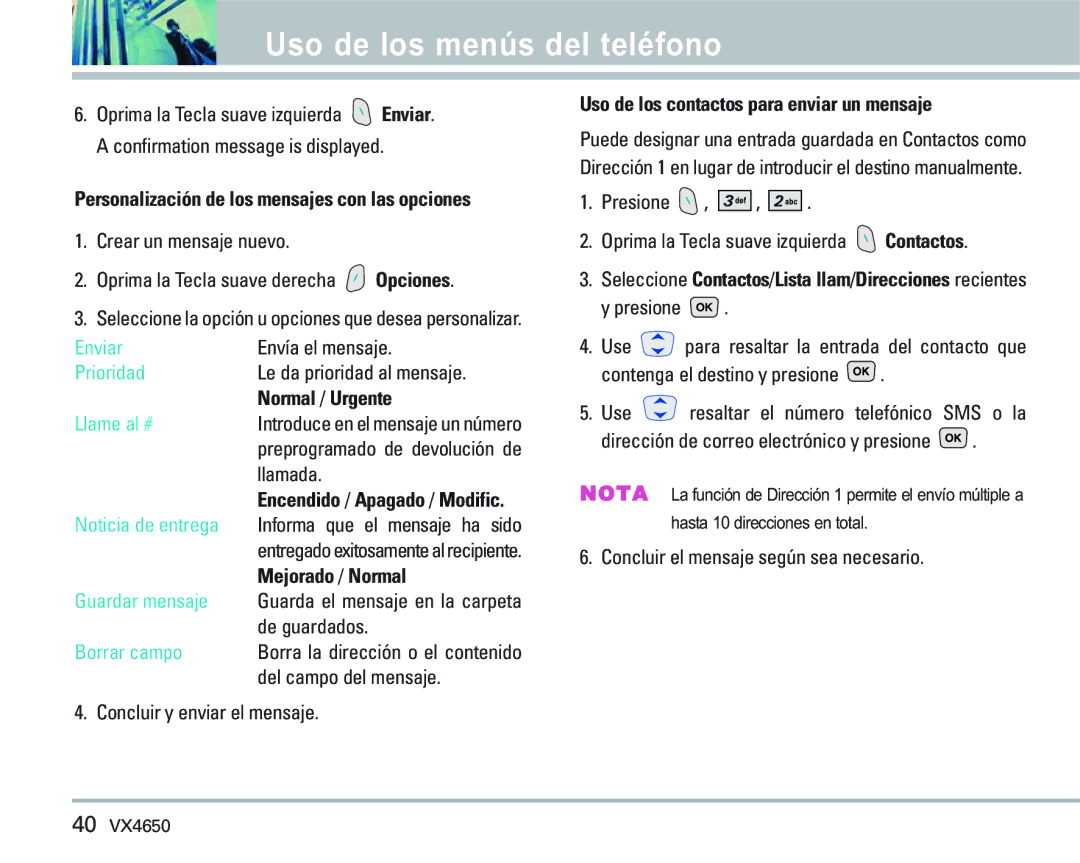 LG Electronics VX 4650 manual Normal / Urgente, Mejorado / Normal, Uso de los contactos para enviar un mensaje 