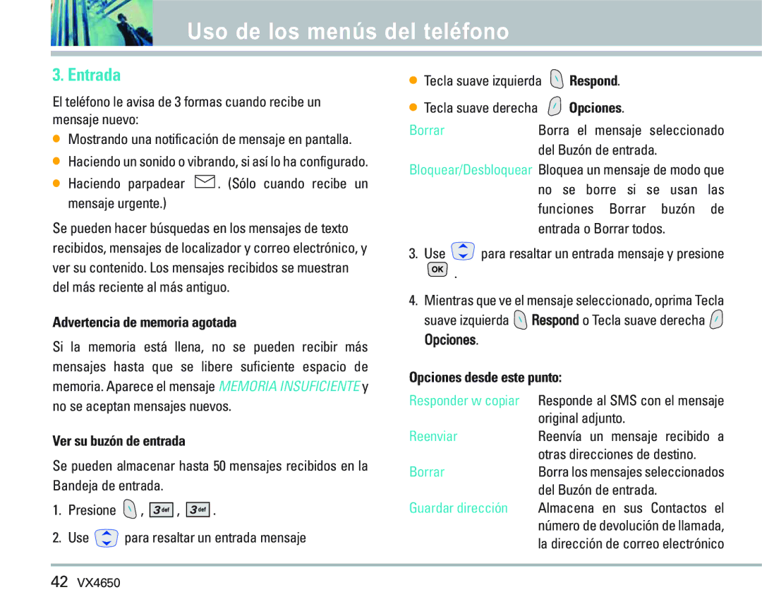 LG Electronics VX 4650 manual Entrada, Advertencia de memoria agotada, Ver su buzón de entrada, Opciones desde este punto 