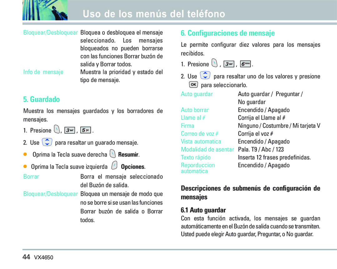 LG Electronics VX 4650 manual Guardado, Configuraciones de mensaje 