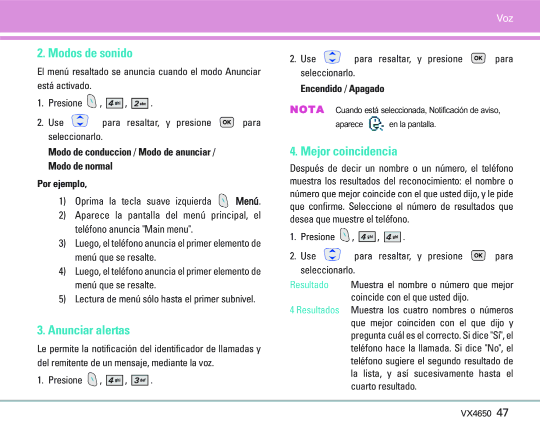 LG Electronics VX 4650 manual Modos de sonido, Anunciar alertas, Mejor coincidencia, Encendido / Apagado 