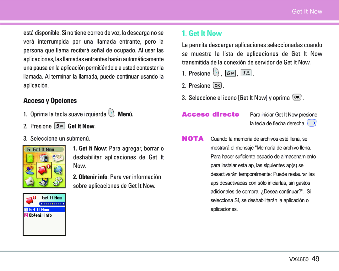 LG Electronics VX 4650 manual Presione Get It Now, Presione Seleccione el icono Get It Now y oprima 