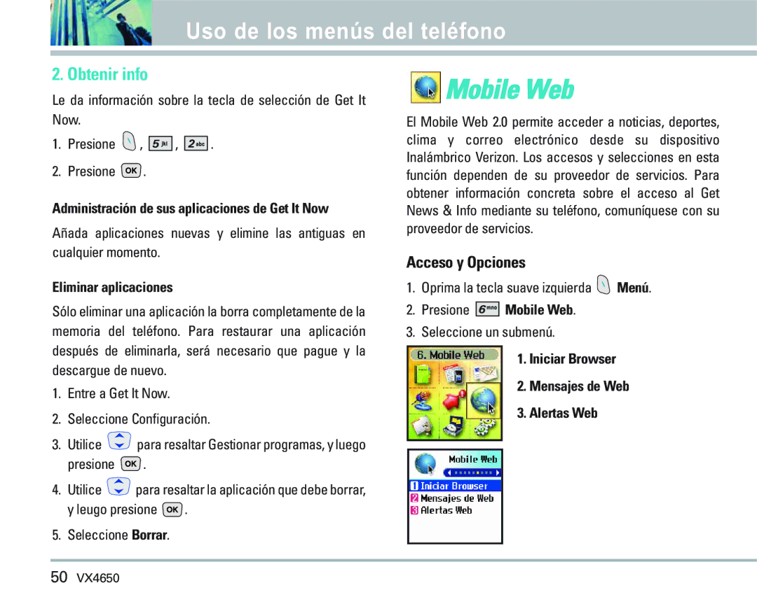 LG Electronics VX 4650 manual Obtenir info, Eliminar aplicaciones, Presione Mobile Web 