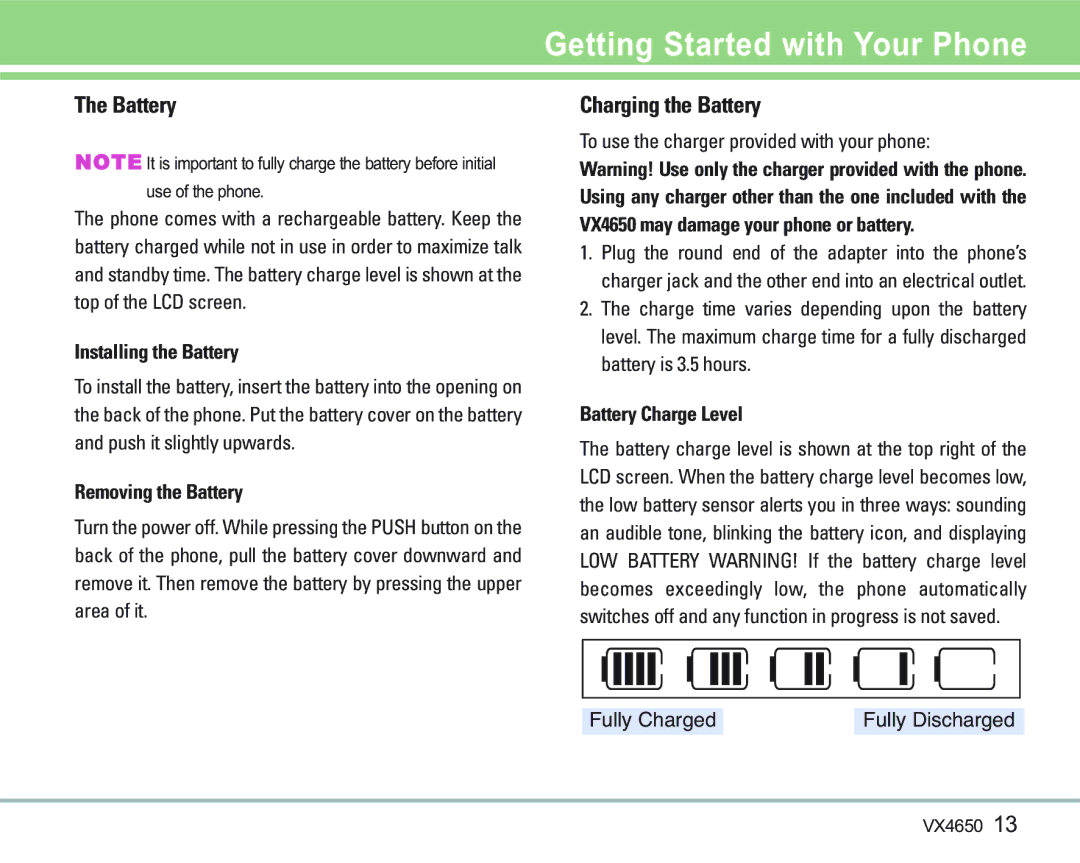 LG Electronics VX 4650 manual Getting Started with Your Phone, Charging the Battery 