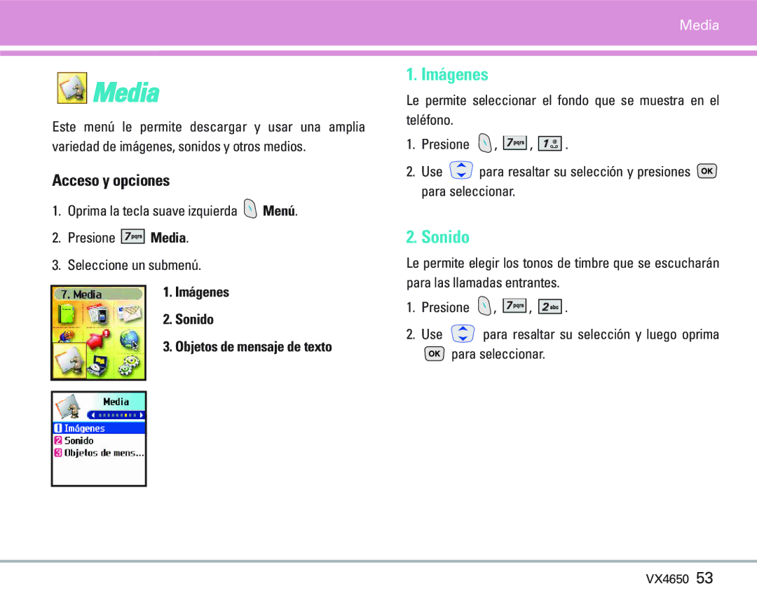 LG Electronics VX 4650 manual Imágenes Sonido Objetos de mensaje de texto 