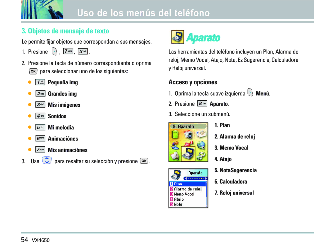 LG Electronics VX 4650 manual Aparato, Objetos de mensaje de texto, Para seleccionar uno de los siguientes 