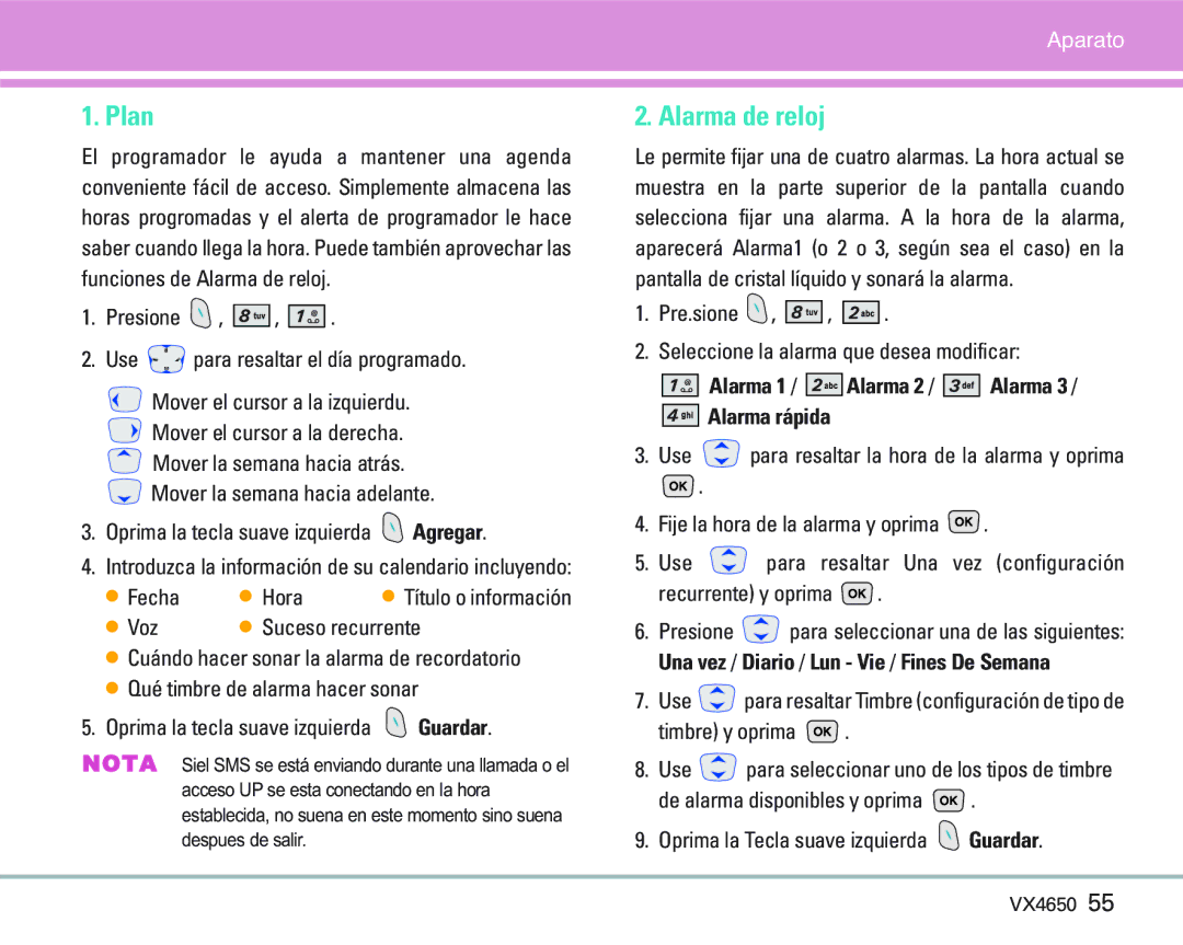 LG Electronics VX 4650 manual Plan, Alarma de reloj, Fecha Hora, Pre.sione Seleccione la alarma que desea modificar 