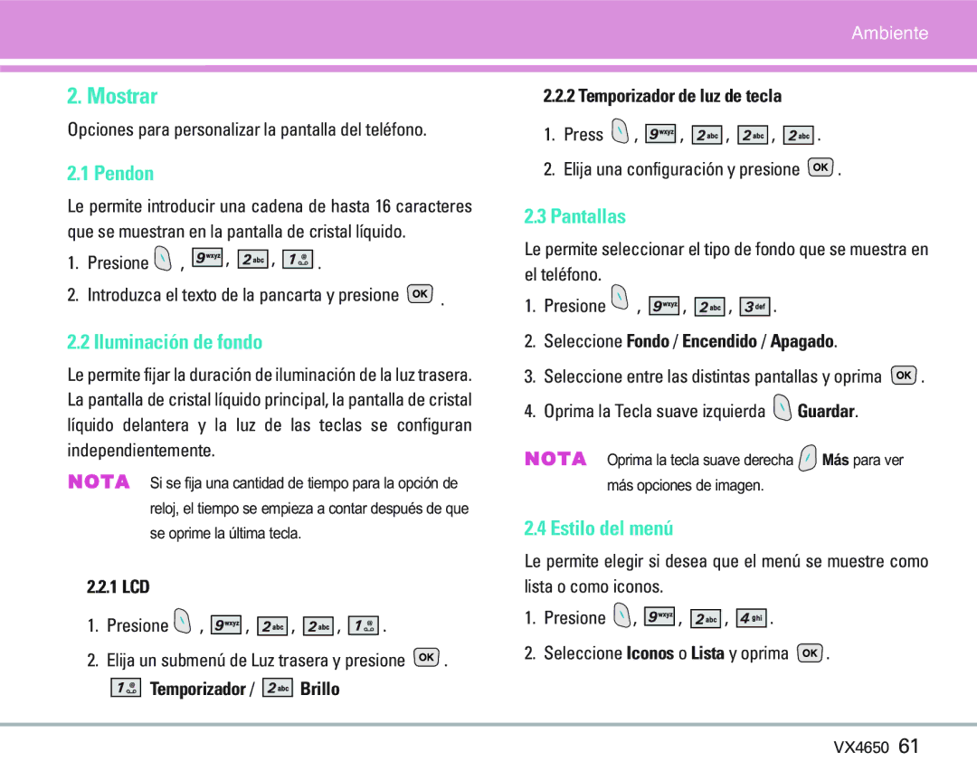 LG Electronics VX 4650 manual Mostrar, Pendon, Iluminación de fondo, Pantallas, Estilo del menú 