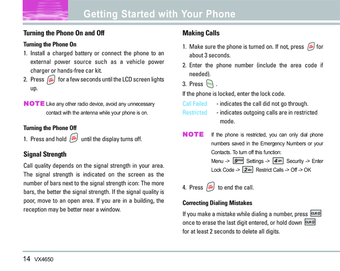 LG Electronics VX 4650 manual Turning the Phone On and Off, Signal Strength, Making Calls 