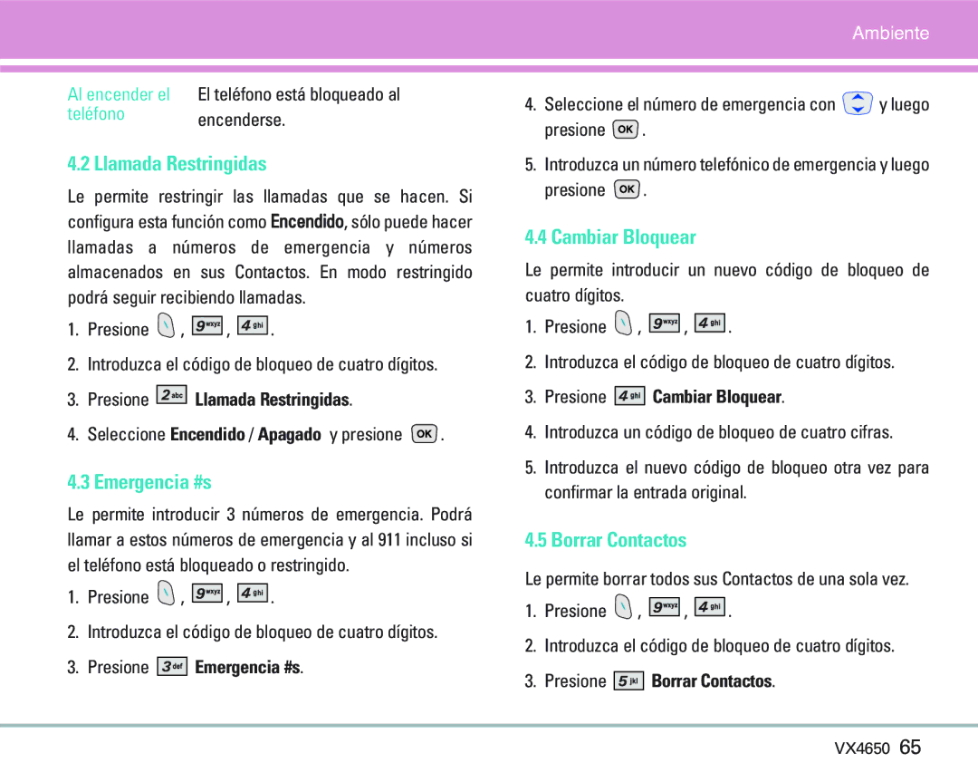 LG Electronics VX 4650 manual Llamada Restringidas, Emergencia #s, Cambiar Bloquear, Borrar Contactos 