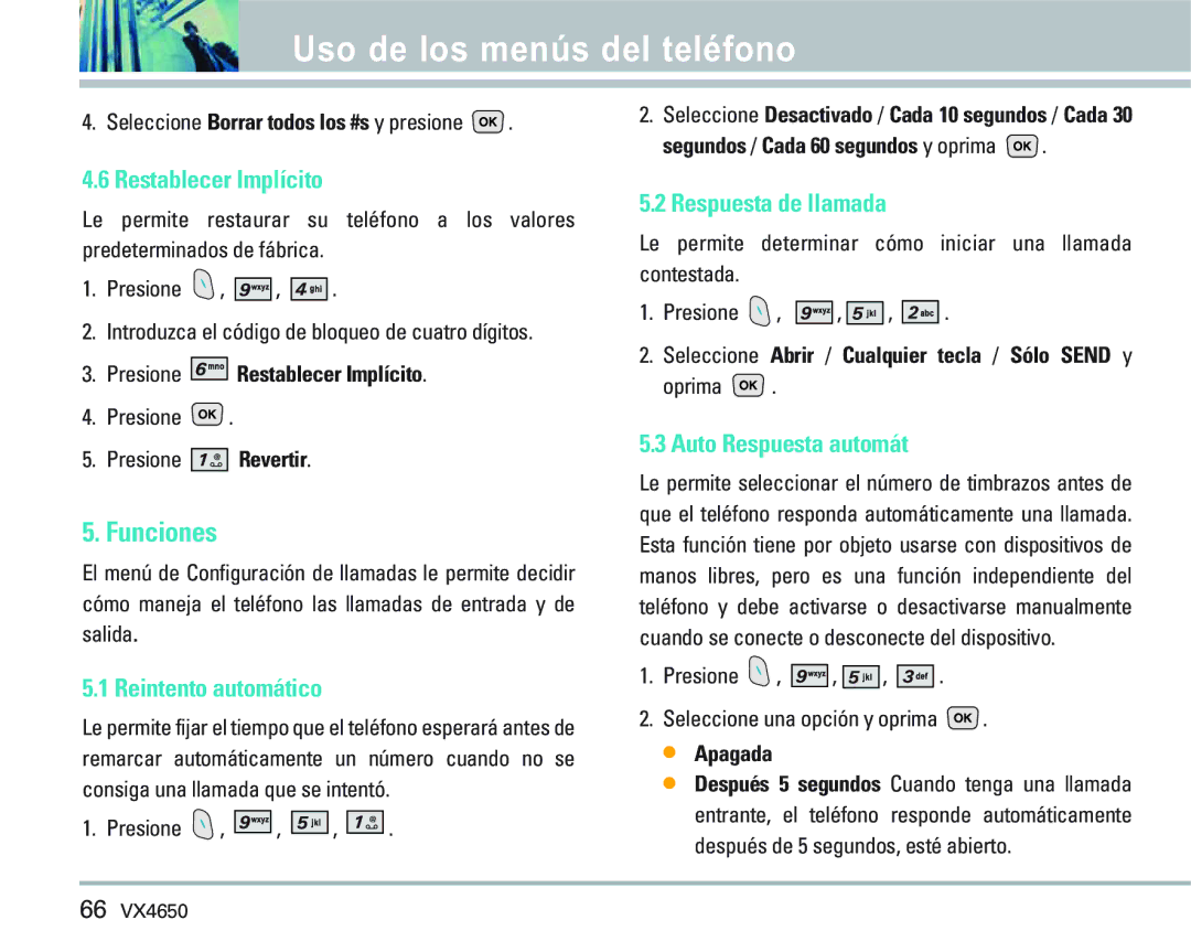 LG Electronics VX 4650 manual Funciones, Restablecer Implícito, Reintento automático, Respuesta de llamada 