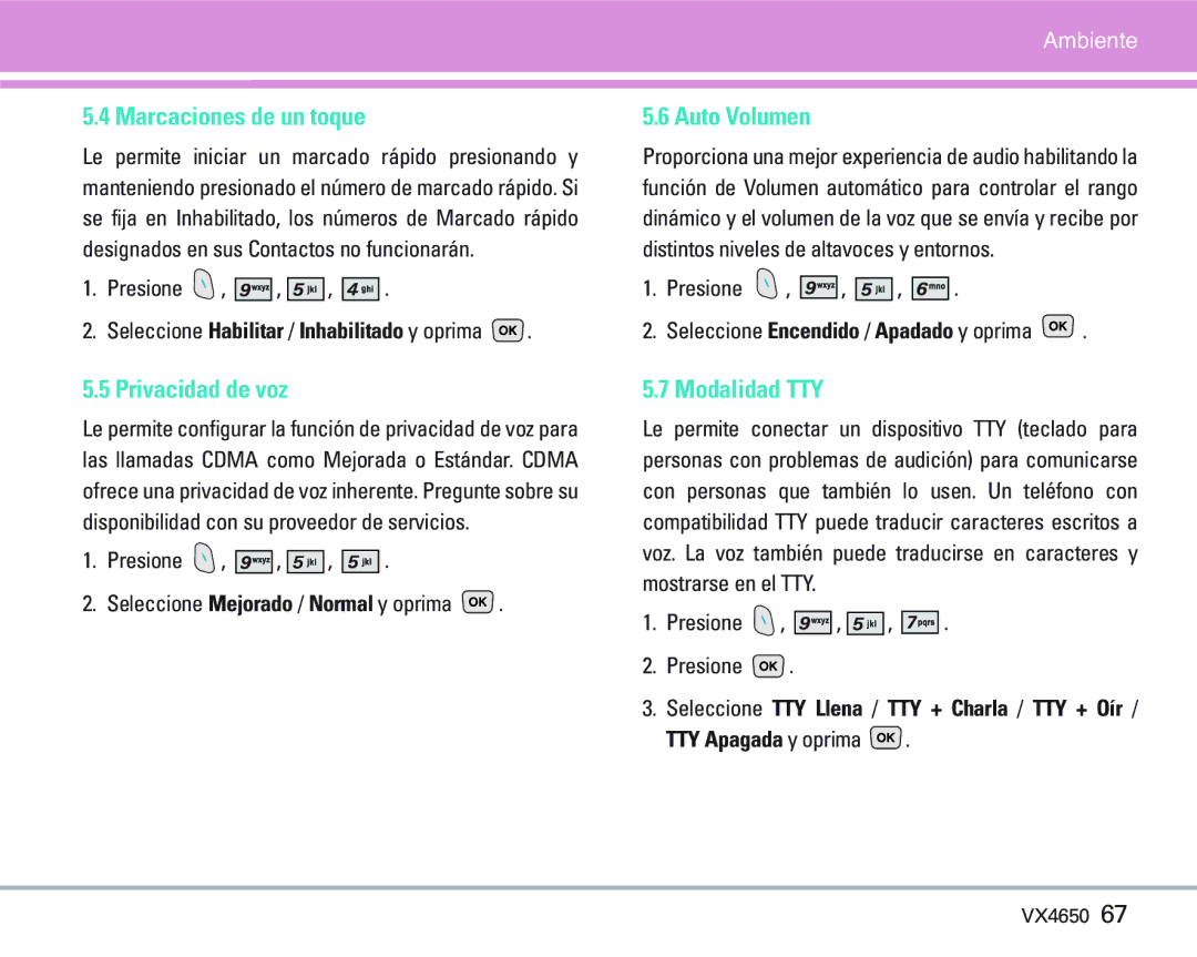 LG Electronics VX 4650 manual Marcaciones de un toque, Privacidad de voz, Auto Volumen, Modalidad TTY 