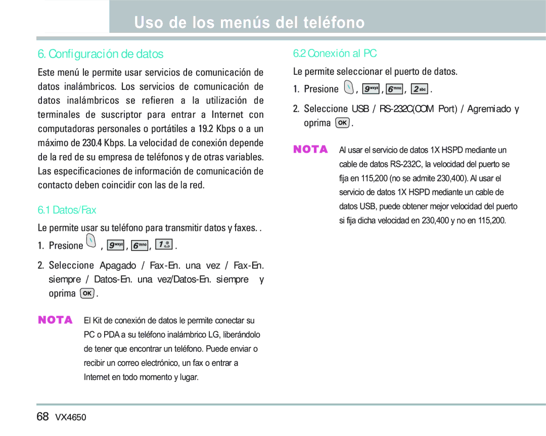 LG Electronics VX 4650 manual Configuración de datos, Datos/Fax, Conexión al PC 