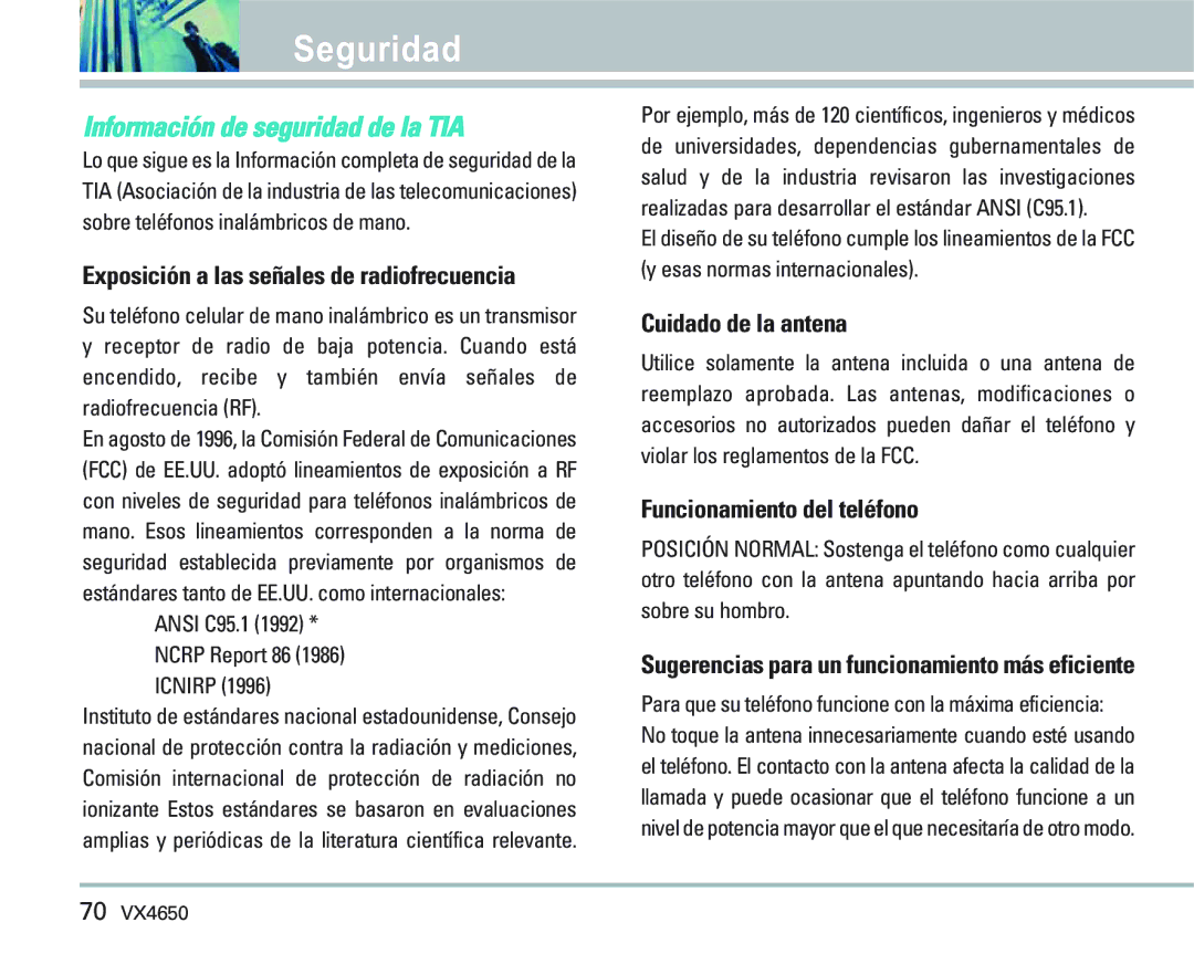 LG Electronics VX 4650 manual Seguridad, Exposición a las señales de radiofrecuencia, Cuidado de la antena 