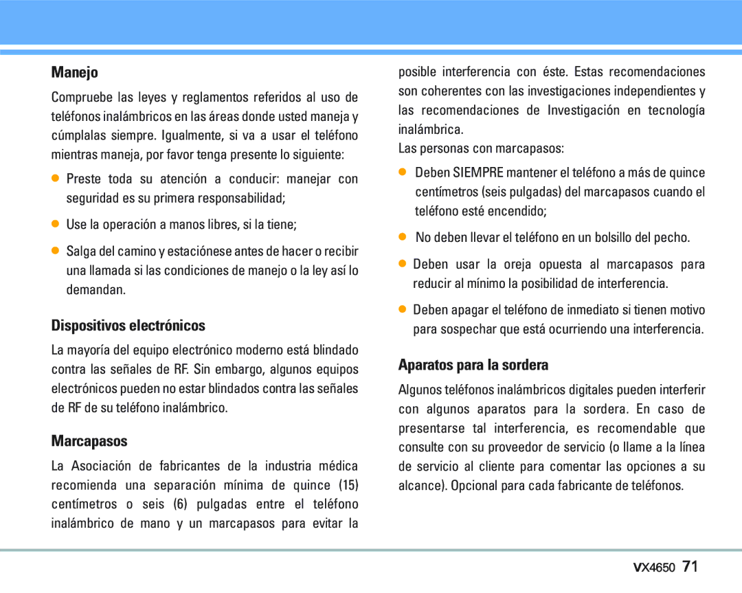 LG Electronics VX 4650 manual Manejo, Dispositivos electrónicos, Marcapasos, Aparatos para la sordera 