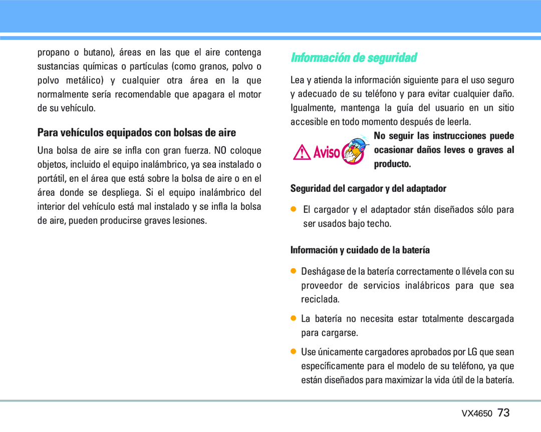 LG Electronics VX 4650 manual Para vehículos equipados con bolsas de aire, Información y cuidado de la batería 