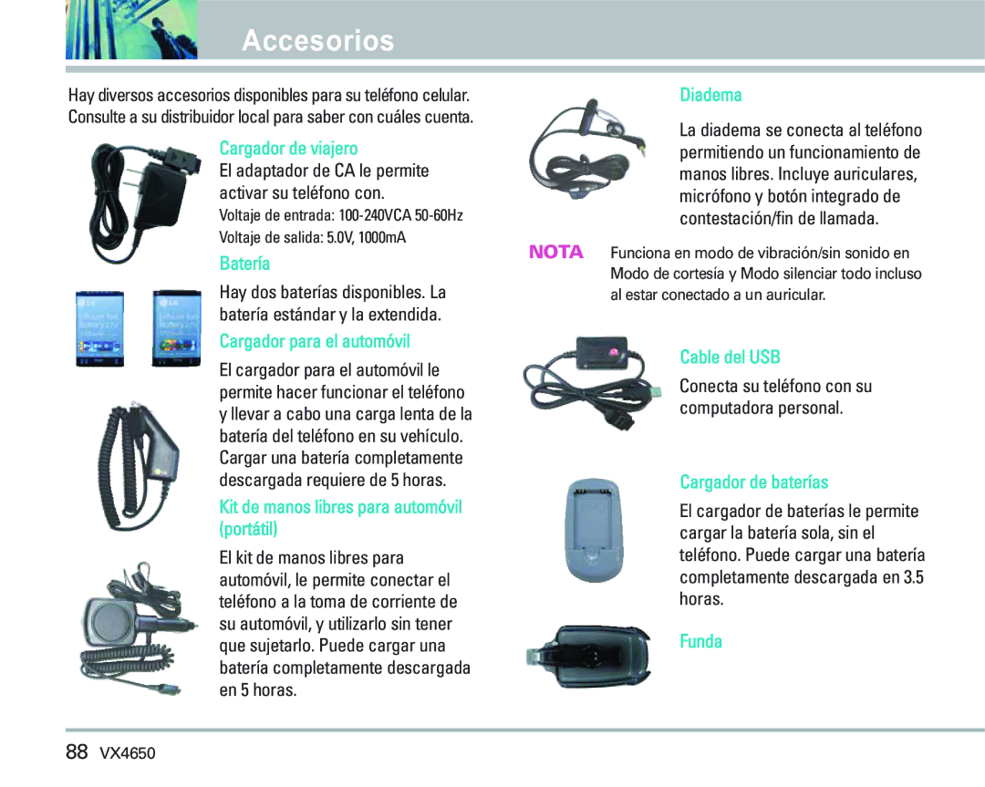 LG Electronics VX 4650 manual Accesorios 