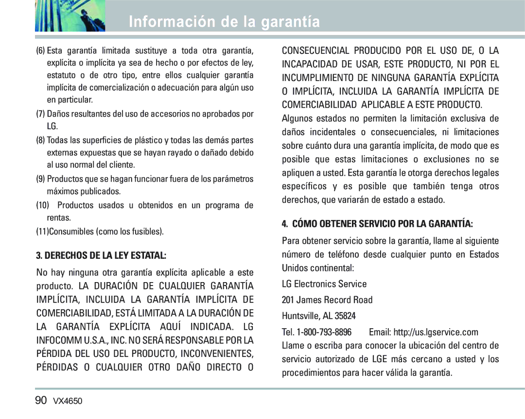 LG Electronics VX 4650 manual Derechos DE LA LEY Estatal 