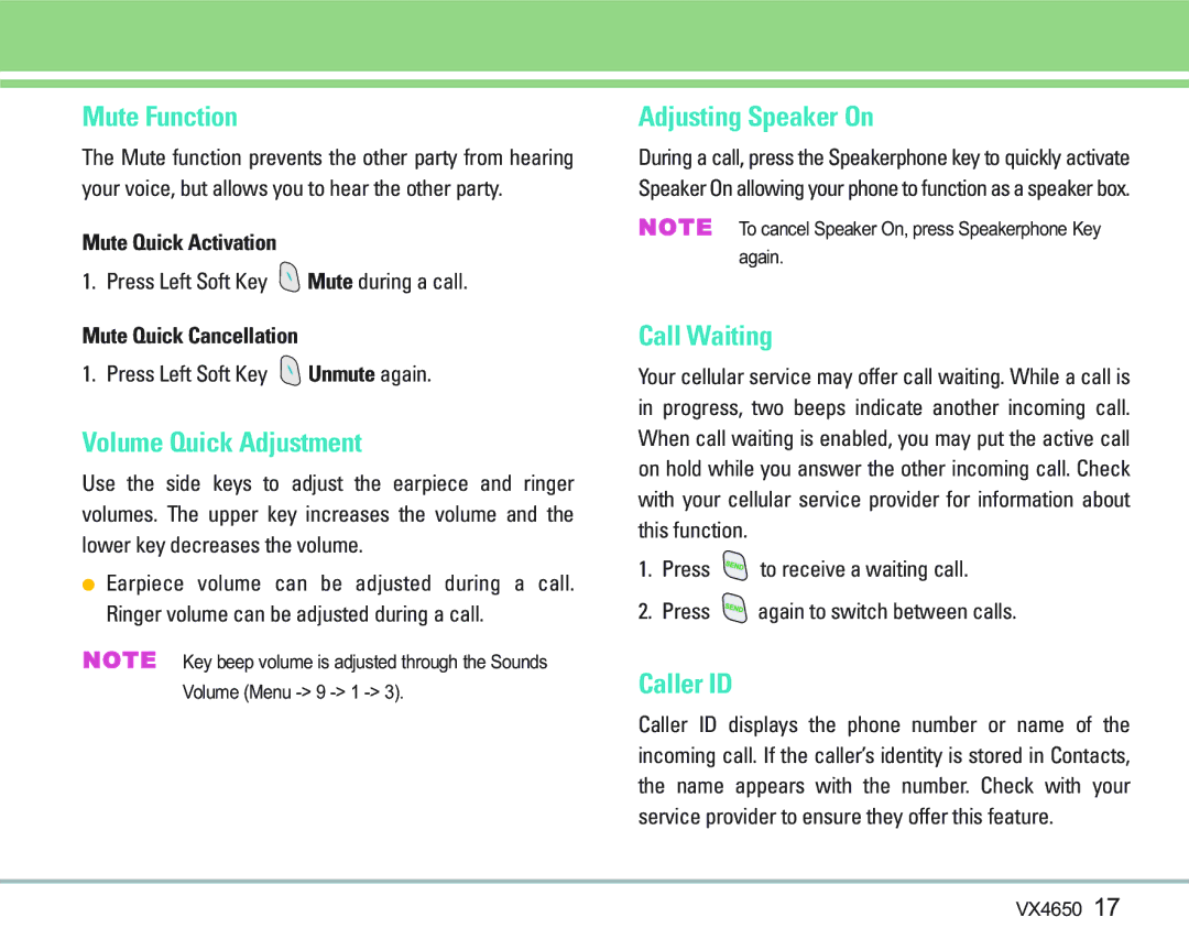 LG Electronics VX 4650 manual Mute Function, Volume Quick Adjustment, Adjusting Speaker On, Call Waiting, Caller ID 
