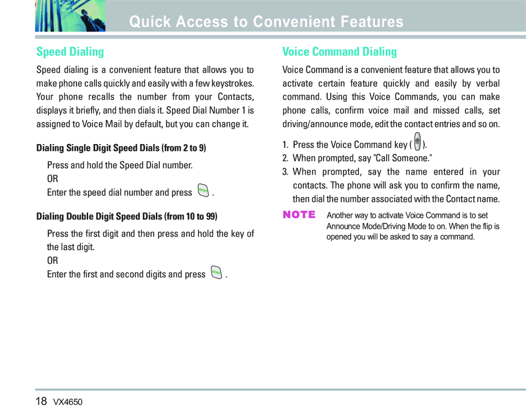 LG Electronics VX 4650 manual Speed Dialing, Voice Command Dialing, Dialing Single Digit Speed Dials from 2 to 