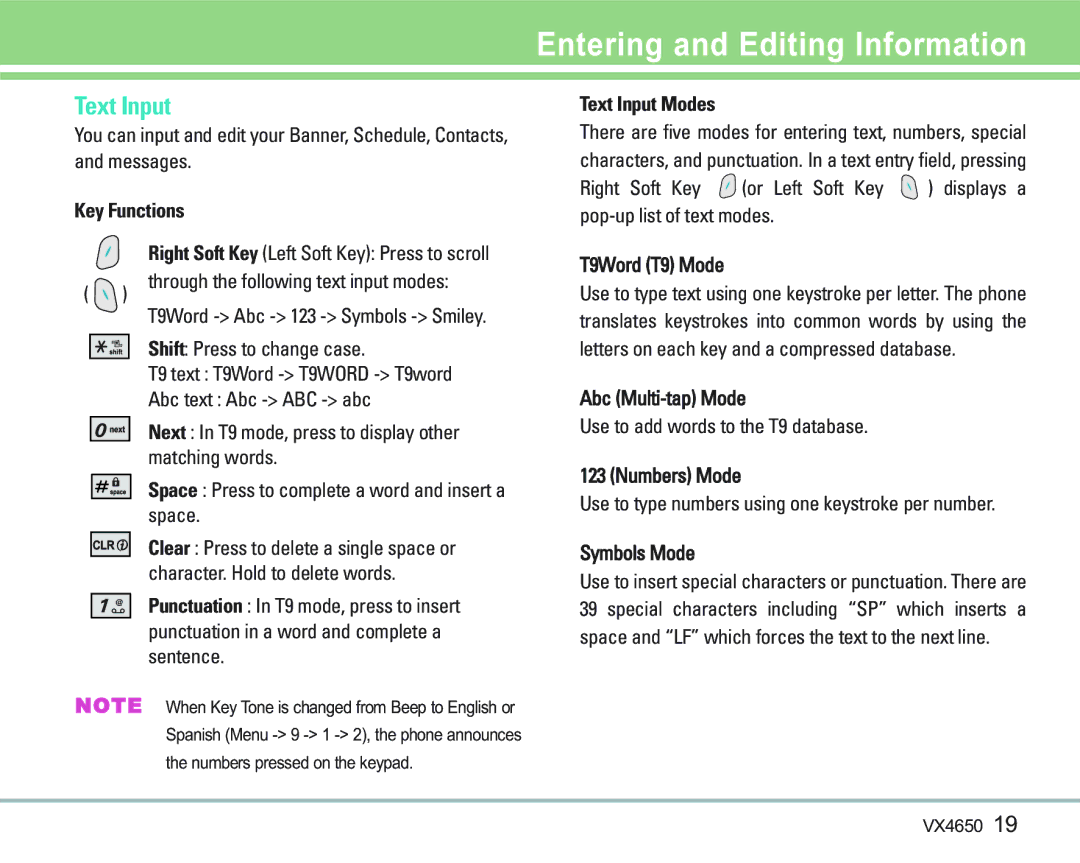 LG Electronics VX 4650 manual Entering and Editing Information, Key Functions Text Input Modes, T9Word T9 Mode 