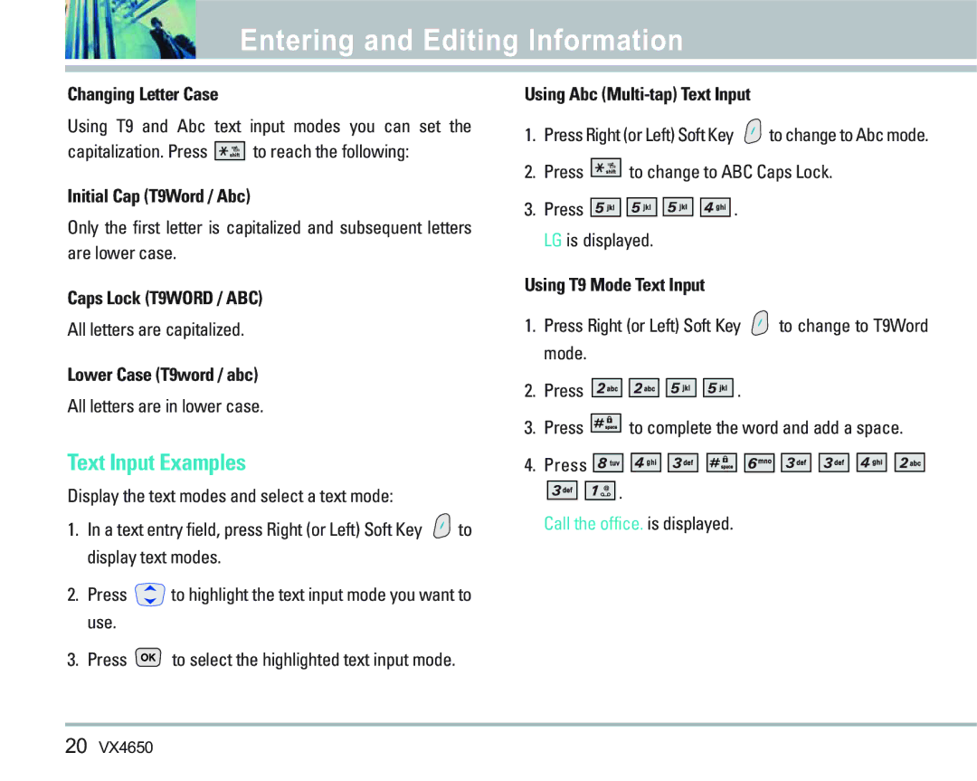 LG Electronics VX 4650 manual Text Input Examples 