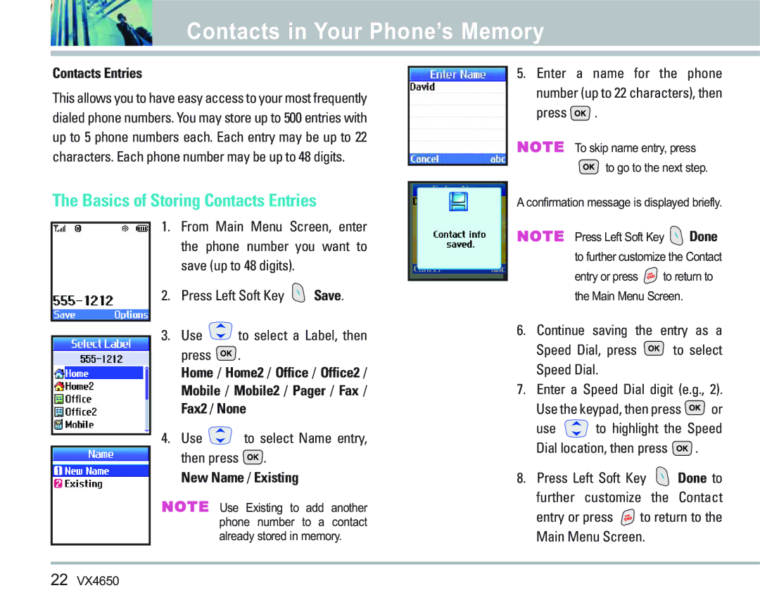 LG Electronics VX 4650 manual Contacts in Your Phone’s Memory, Basics of Storing Contacts Entries 