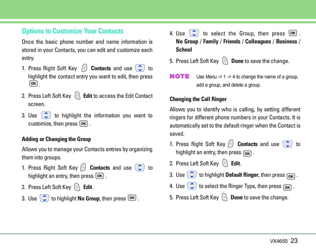 LG Electronics VX 4650 Options to Customize Your Contacts, Adding or Changing the Group, School, Changing the Call Ringer 