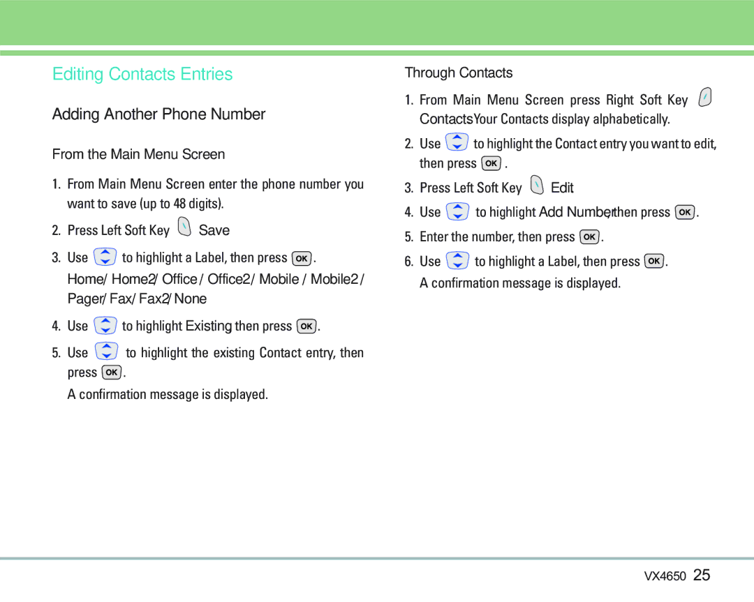 LG Electronics VX 4650 Editing Contacts Entries, Adding Another Phone Number, From the Main Menu Screen, Through Contacts 