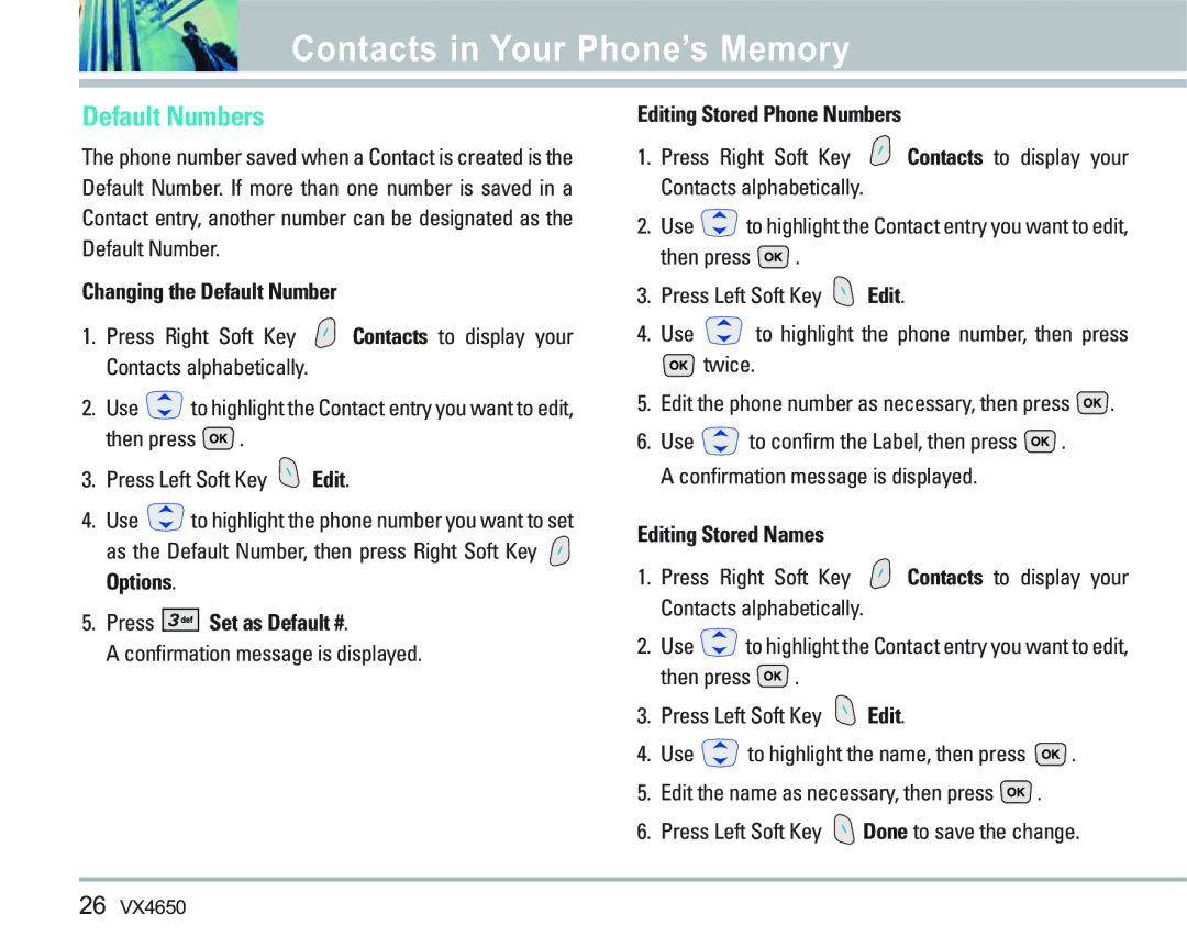 LG Electronics VX 4650 Default Numbers, Changing the Default Number, Press Set as Default #, Editing Stored Phone Numbers 