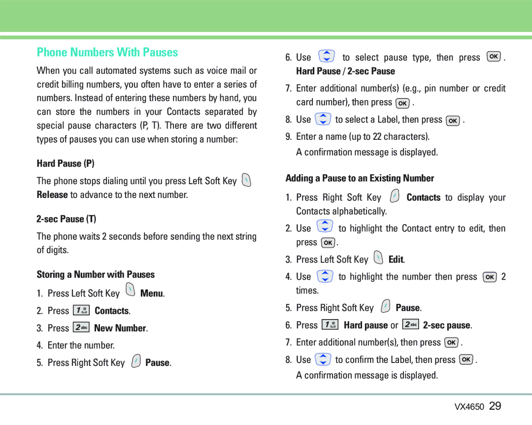 LG Electronics VX 4650 manual Phone Numbers With Pauses 