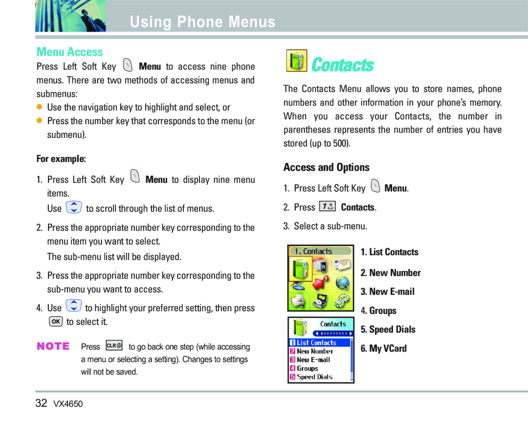 LG Electronics VX 4650 manual Contacts, Using Phone Menus, Menu Access, Access and Options 