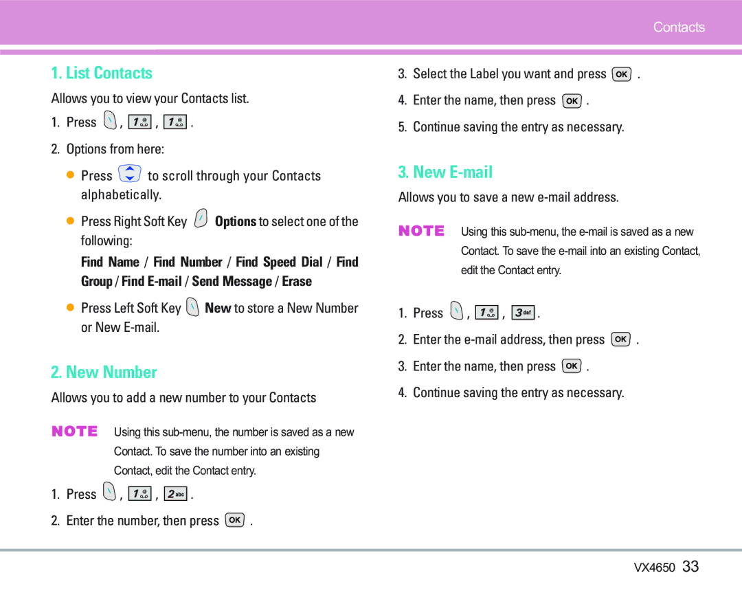 LG Electronics VX 4650 manual List Contacts, Press Left Soft Key New to store a New Number or New E-mail 