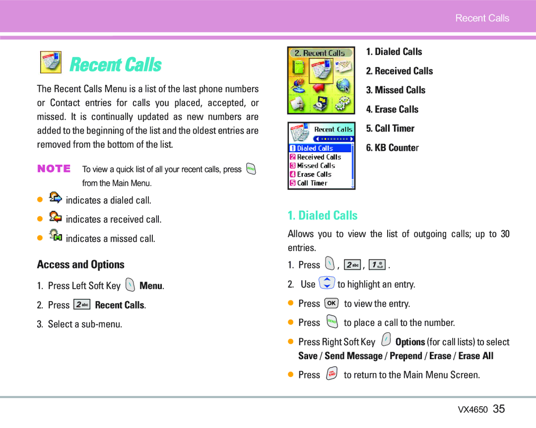 LG Electronics VX 4650 manual Recent Calls, Dialed Calls, Press to return to the Main Menu Screen 