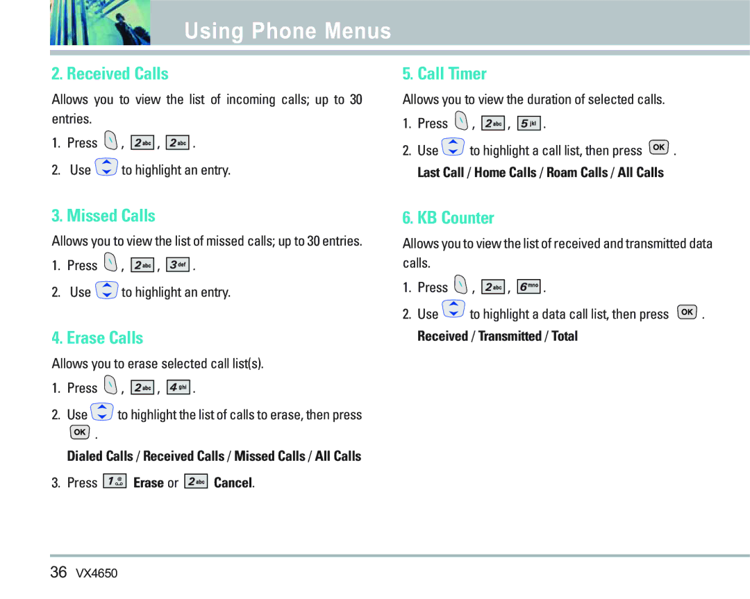 LG Electronics VX 4650 manual Received Calls, Call Timer, Missed Calls, Erase Calls, KB Counter 