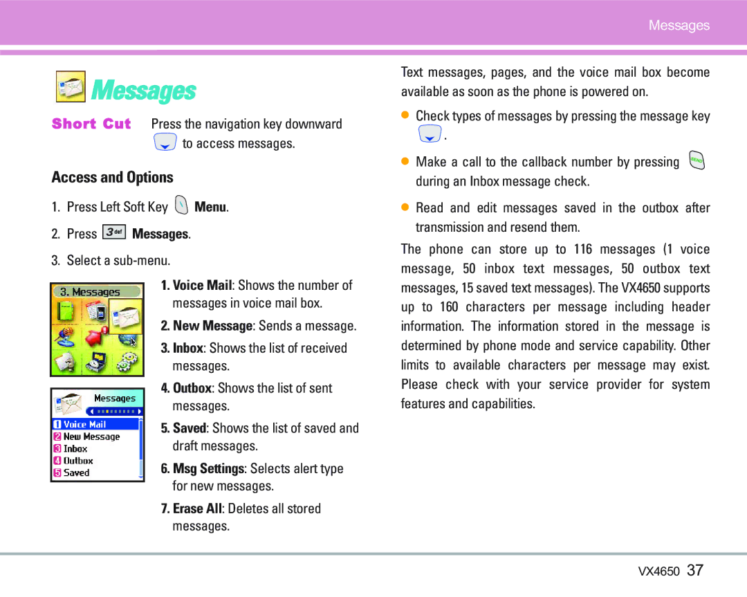 LG Electronics VX 4650 manual Press Messages, Erase All Deletes all stored messages 