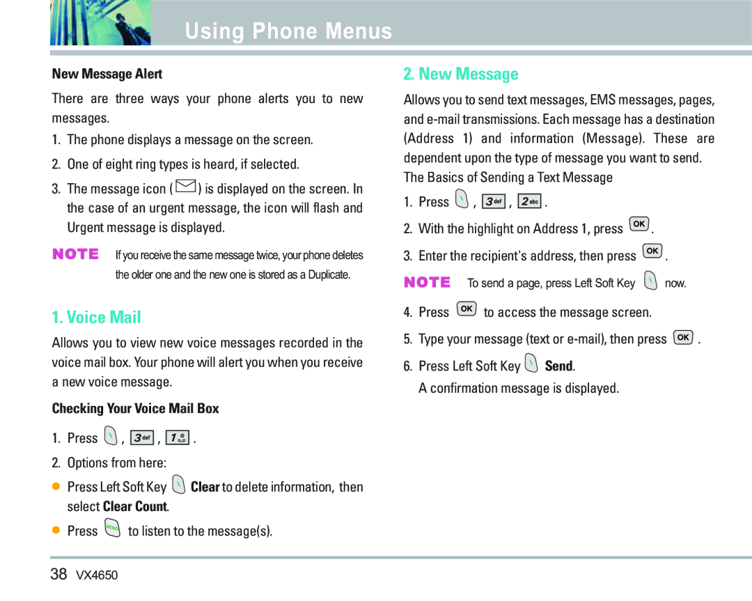 LG Electronics VX 4650 manual New Message Alert, Checking Your Voice Mail Box 