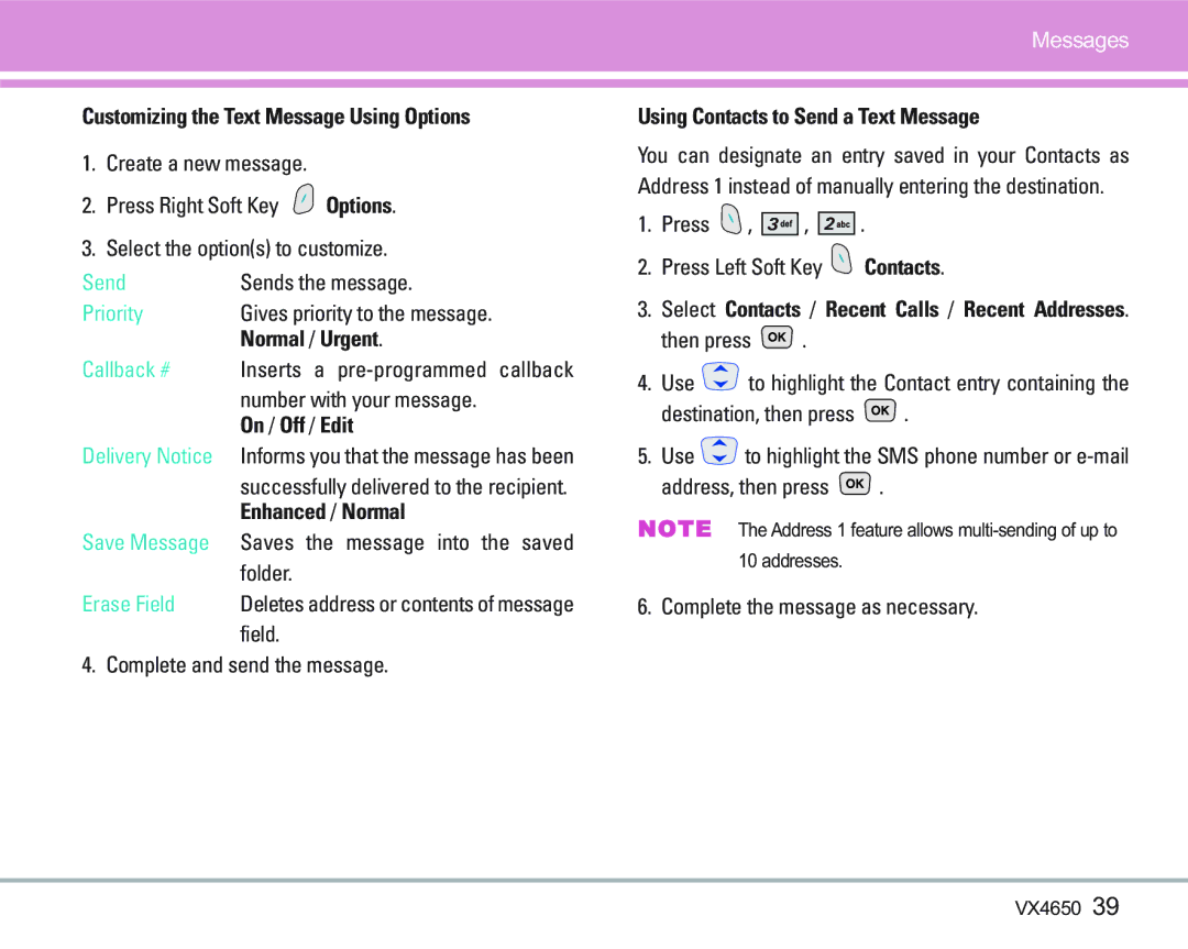 LG Electronics VX 4650 Customizing the Text Message Using Options, Normal / Urgent, On / Off / Edit, Enhanced / Normal 