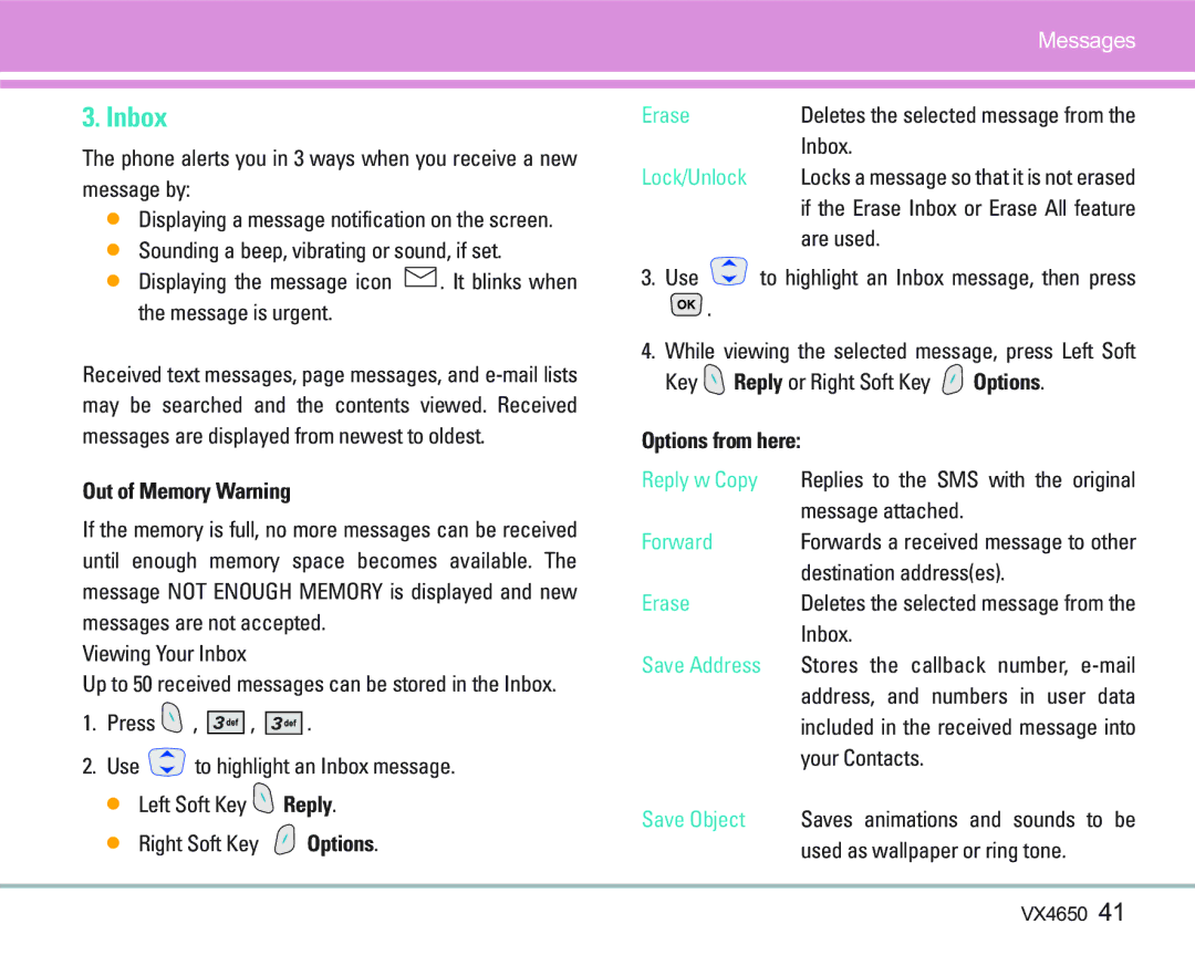 LG Electronics VX 4650 manual Inbox, Out of Memory Warning, Options from here 