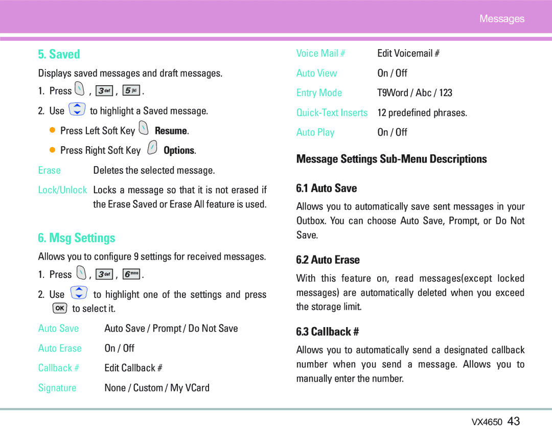 LG Electronics VX 4650 manual Saved, Msg Settings, Message Settings Sub-Menu Descriptions Auto Save, Auto Erase, Callback # 