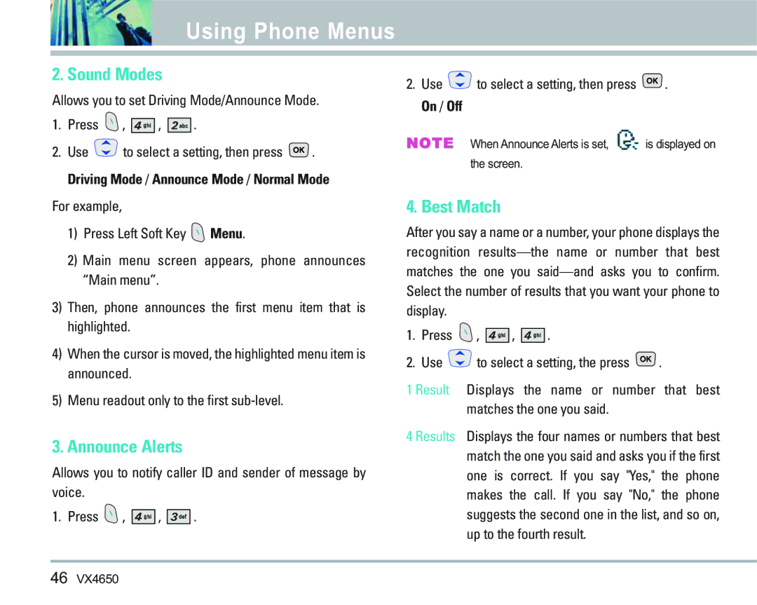 LG Electronics VX 4650 manual Sound Modes, Announce Alerts, Best Match 