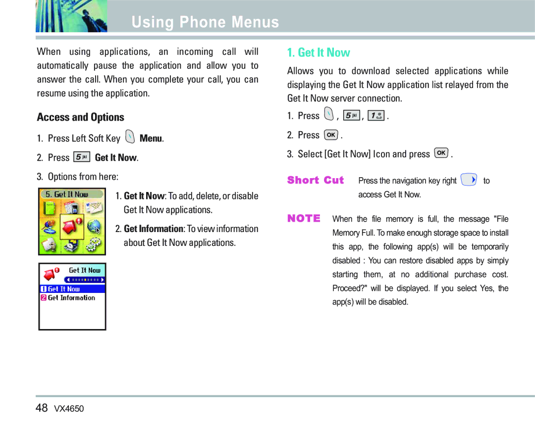LG Electronics VX 4650 manual Press Get It Now 