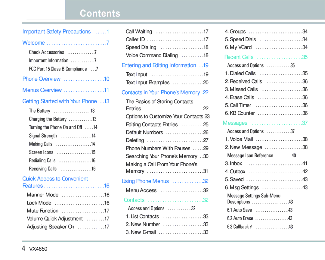 LG Electronics VX 4650 manual Contents 