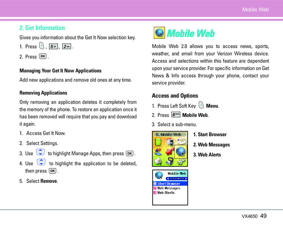 LG Electronics VX 4650 manual Mobile Web, Get Information 