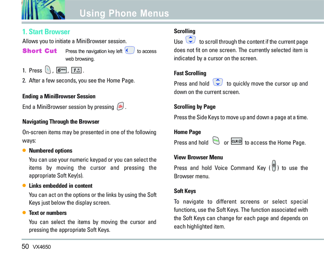 LG Electronics VX 4650 manual Start Browser 