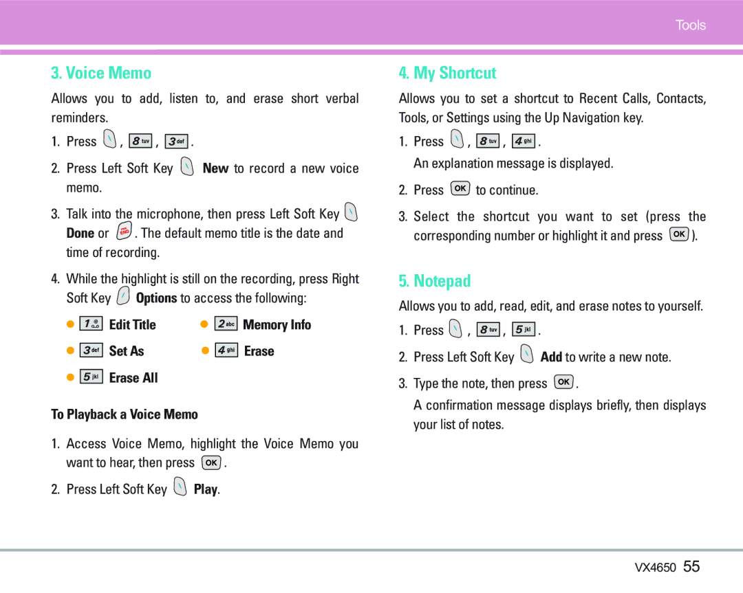 LG Electronics VX 4650 manual Voice Memo, My Shortcut, Soft Key Options to access the following, Edit Title 