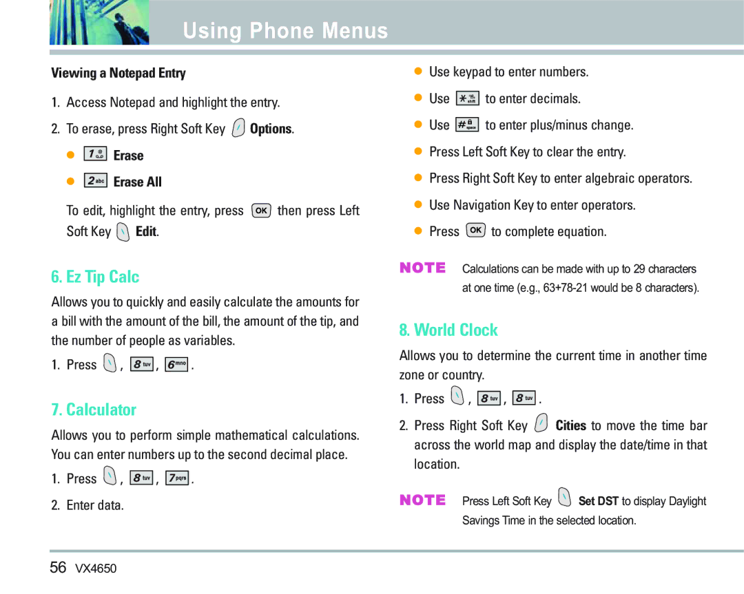 LG Electronics VX 4650 manual Ez Tip Calc, Calculator, World Clock, Viewing a Notepad Entry, Erase Erase All 