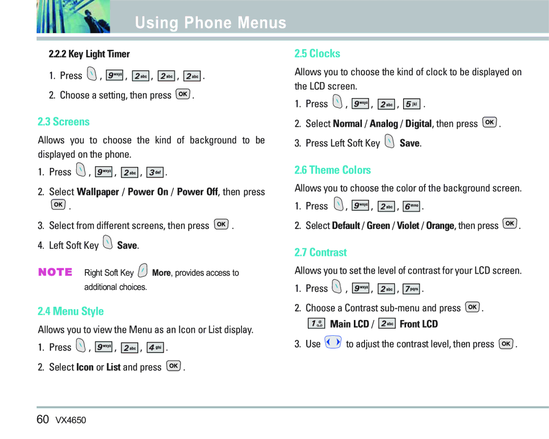 LG Electronics VX 4650 manual Screens, Menu Style, Clocks, Theme Colors, Contrast 