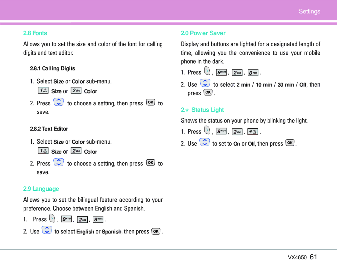 LG Electronics VX 4650 manual Fonts, Language, Power Saver, Status Light 