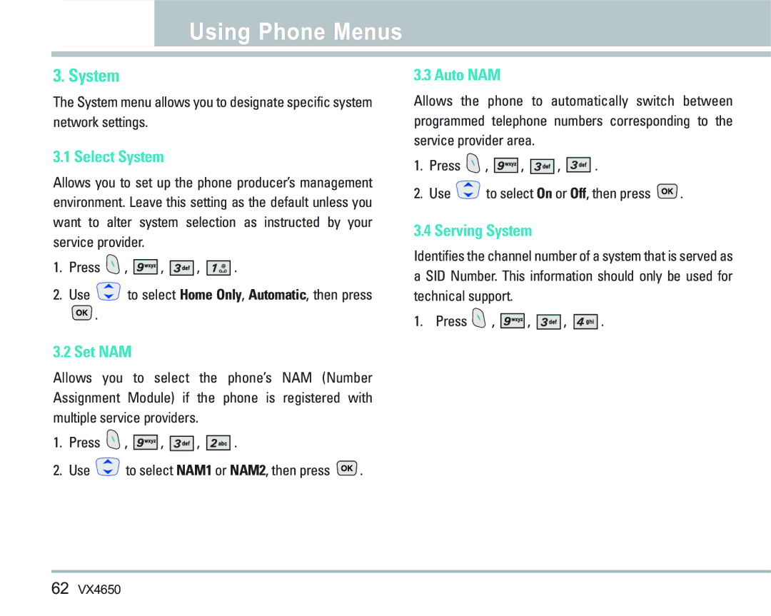LG Electronics VX 4650 manual Select System, Set NAM, Auto NAM, Serving System 
