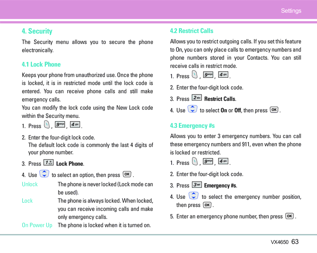 LG Electronics VX 4650 manual Security, Lock Phone, Restrict Calls, Emergency #s 